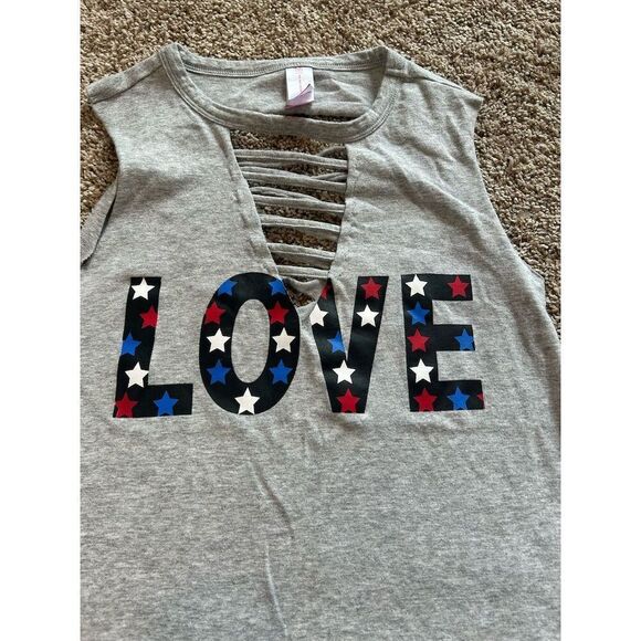 No Boundaries Women's XS Gray Distressed Open Back "Love" Tank Top - Picture 2 of 6